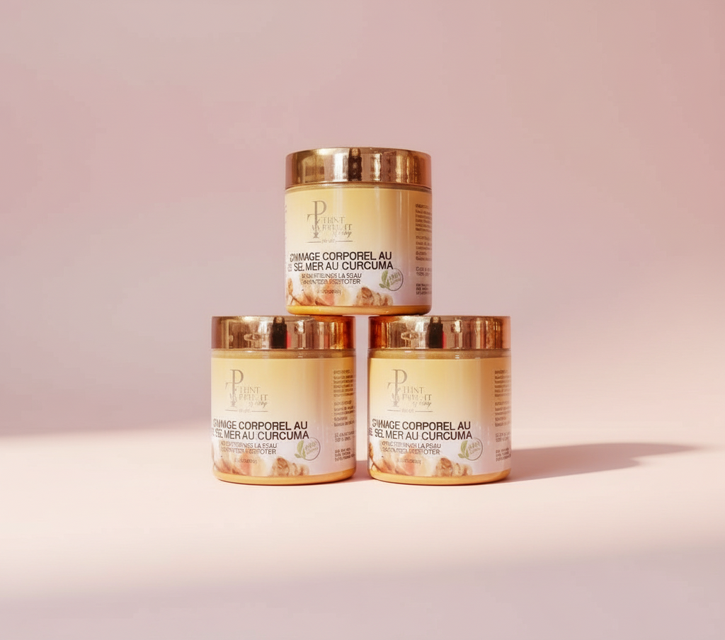 Three jars of cosmetic product stacked on a reflective surface with a light gray background