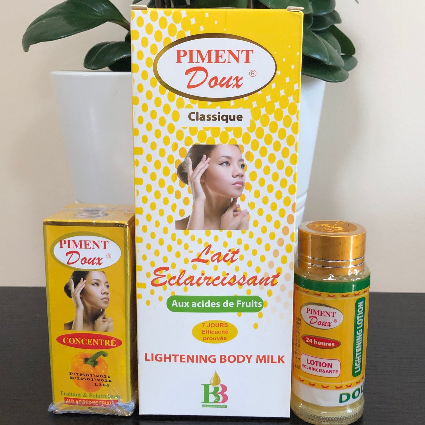 Piment Doux Sérum, LIGHTENING BODY MILK and Piment Doux 24 heures Lightening Lotion